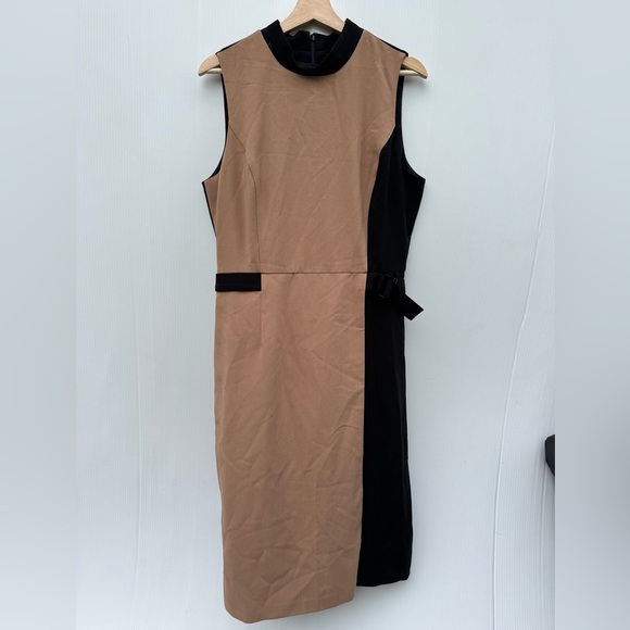 🆕 White House Black Market mock neck Tan and Black Asymmetrical Dress sz 14 NWT - Picture 2 of 12